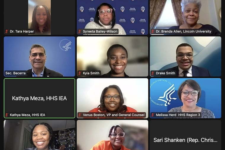 Lincoln University faculty, U.S. Department of Health and Human Services staff, and university students meet with Secretary Xavier Becerra on Zoom on Friday, Jan. 19.