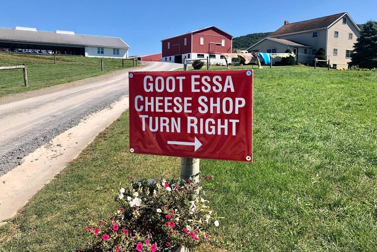 A sign directs customers to the cheesemaking facility and store at Goot Essa in Howard, Pa.