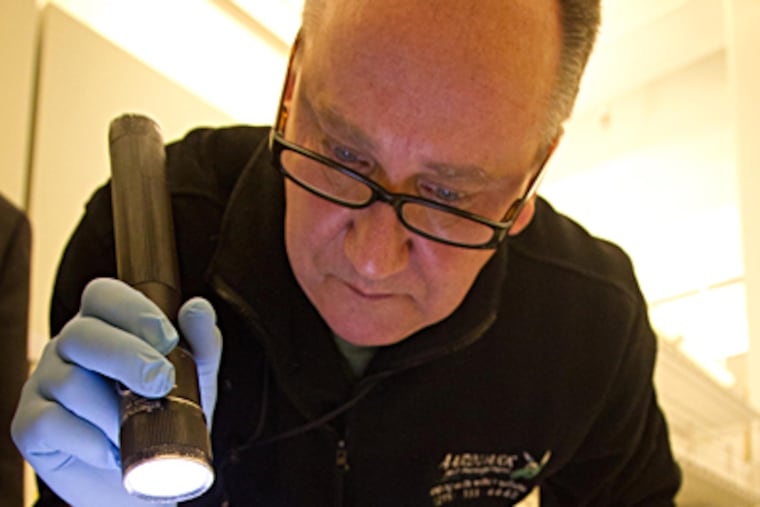 Exterminator extraordinaire Martin Overline inspects an early-20th-century Alaskan child's parka at the University Museum. Overline practices "integrated pest management," a sort of Bug CSI. He asks: Why are the creatures gathering here? How are they getting in? What helps them stay? He'll try to persuade the pests to leave before he breaks out the pesticides for annihilation. (David M Warren / Staff Photographer)