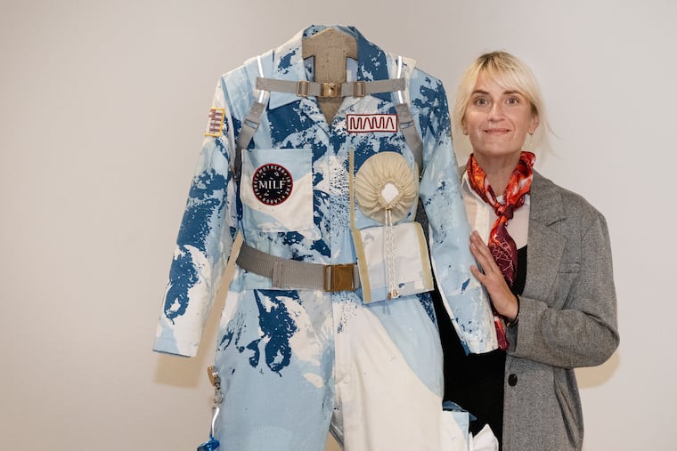 Aimee Koran with her "Mama's Space Suit" at the Fabric Workshop and Museum in Philadelphia. All of her art revolves around motherhood, labor, and children.