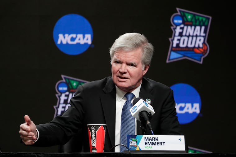 NCAA President Mark Emmert answers questions at a news conference at last year's Final Four.