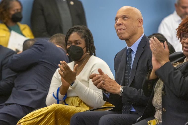 Dr. William Hite, applauds during a news conference announcing his successor, Tony Watlington Sr., as the new superintendent of Philadelphia Public Schools on Friday, just hours before he testified as a government witness in the federal bribery trial of City Councilmember Kenyatta Johnson.