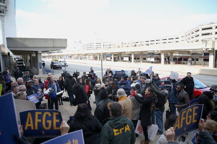 Demonstrators called for an end of government shutdown at Philadelphia International Airport as hundreds of flights were delayed after the air traffic control system was forced to make adjustments due to a shortage of staff at two tracking centers. Air traffic controllers have been working without pay since the government shutdown began 35 days ago.