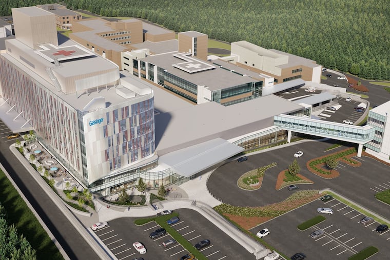 Geisinger Health is building a $900 million hospital tower at on the Geisinger Wyoming Valley Campus in Wilkes-Barre. The structure is shown here, to the left, in an architectural rendering.