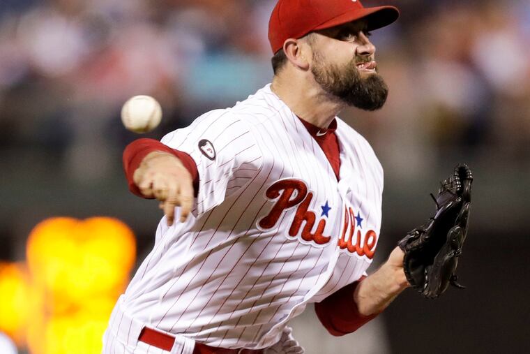 Philadelphia Phillies pitcher Pat Neshek throws against the Milwaukee Brewers on July 21, 2017, at Citizens Bank Park in Philadelphia. Neshek has been placed on the injured list with a shoulder injury. (Yong Kim/Philadelphia Daily News/TNS)