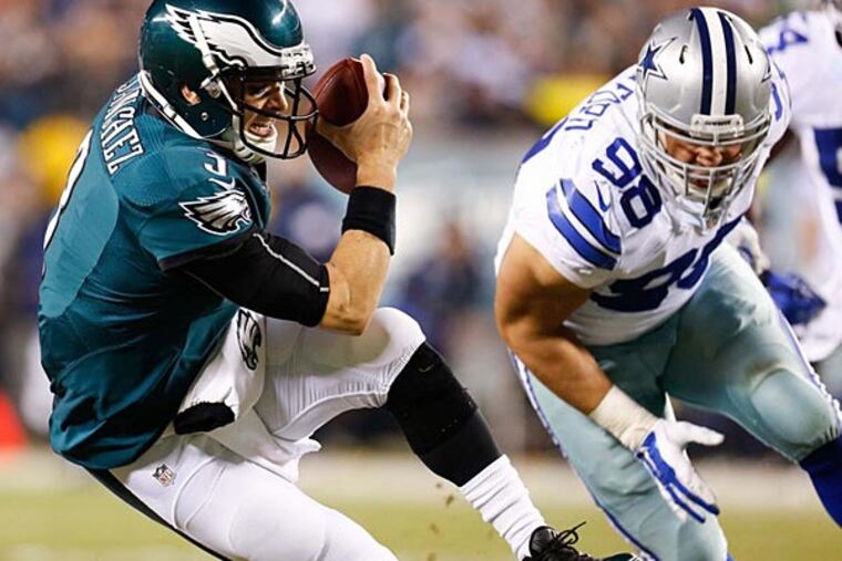 Philadelphia Eagles quarterback Mark Sanchez (3) is sacked by Dallas Cowboys defensive tackle Tyrone Crawford (98) during the second half at Lincoln Financial Field. The Cowboys defeated the Eagles 38-27. (Bill Streicher/USA Today)