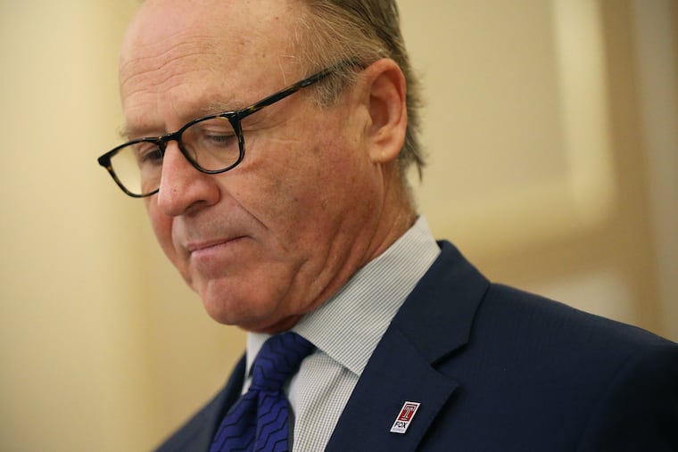 Moshe Porat, former dean of Temple University's Fox School of Business, speaks during a news conference in this 2019 file photo. Marjorie O'Neil, a former finance manager at the school, pleaded guilty to federal charges Tuesday and agreed to cooperate in his prosecution on charges he defrauded students, the university and national rankings agencies by falsifying data on the school's students.