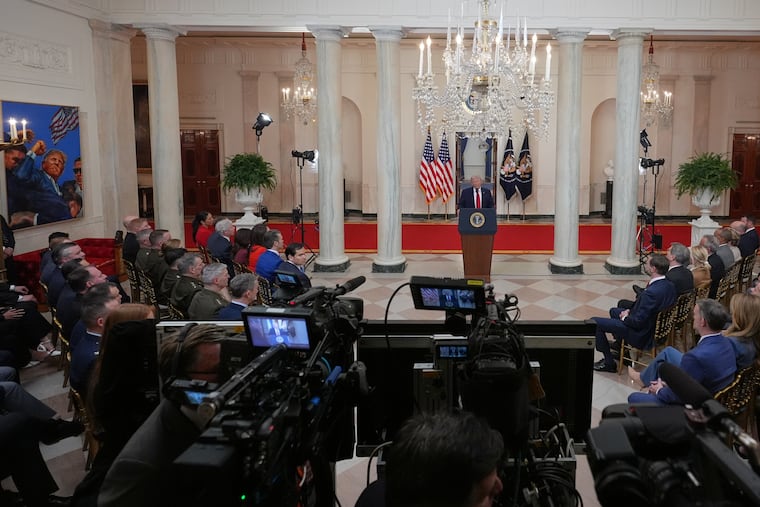 President Donald Trump speaks about the Iran war from the Cross Hall of the White House on Wednesday.
