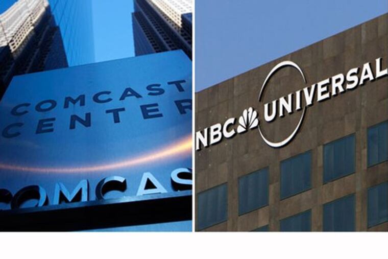 FILE - This combination of Associated Press file photos shows, left, a sign outside the Comcast Center in Philadelphia in July 2010 and right, the entrance to the Universal Studios theme park in Los Angeles, on Dec. 3, 2009. Comcast said on Tuesday, Feb. 12, 2013, that it's buying General Electric's 49 percent stake in NBCUniversal joint venture for $16.7 billion. Comcast Corp. had bought a majority stake in the television and movie company in 2011. It had planned to take a larger stake in it over time. (AP Photos)