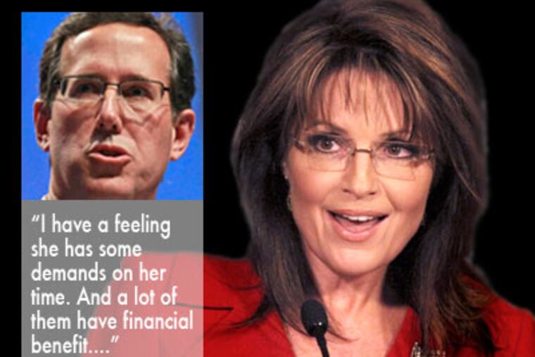 Former Sen. Rick Santorum implied that Sarah Palin was more interested in celebrity and money than in substance. (Alex Brandon / Spencer Weiner / AP)