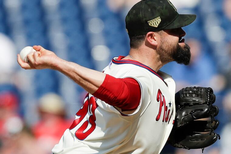 Phillies pitcher Pat Neshek throws the baseball in the ninth-inning against the Colorado Rockies on Sunday, May 19, 2019 in Philadelphia.
