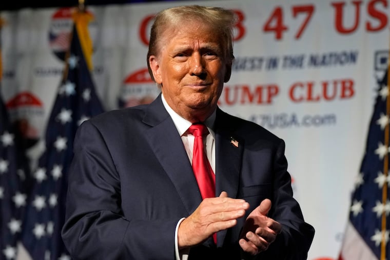 Republican presidential candidate former President Donald Trump gestures after speaking Wednesday at Palm Beach County Convention Center in West Palm Beach, Fla.