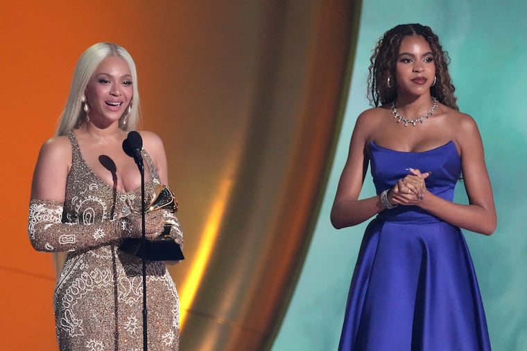 Beyoncé accepts the Grammy Award for album of the year for "Cowboy Carter" on Sunday in Los Angeles, with daughter Blue Ivy Carter. Beyoncé has announced her Cowboy Carter Chitlin' Circuit Tour, but the released list of cities does not include Philadelphia.