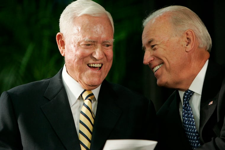 In this Friday, July 23, 2010, file photo, Vice President Joe Biden chats with former U.S. Sen. Ernest Fritz Hollings during the dedication ceremony of the new Ernest F. Hollings Special Collections Library in Columbia, S.C. Hollings, a moderate six-term Democrat who made an unsuccessful bid for the presidency in 1984, has died. He was 97. Family spokesman Andy Brack says Hollings died early Saturday, April 6, 2019.