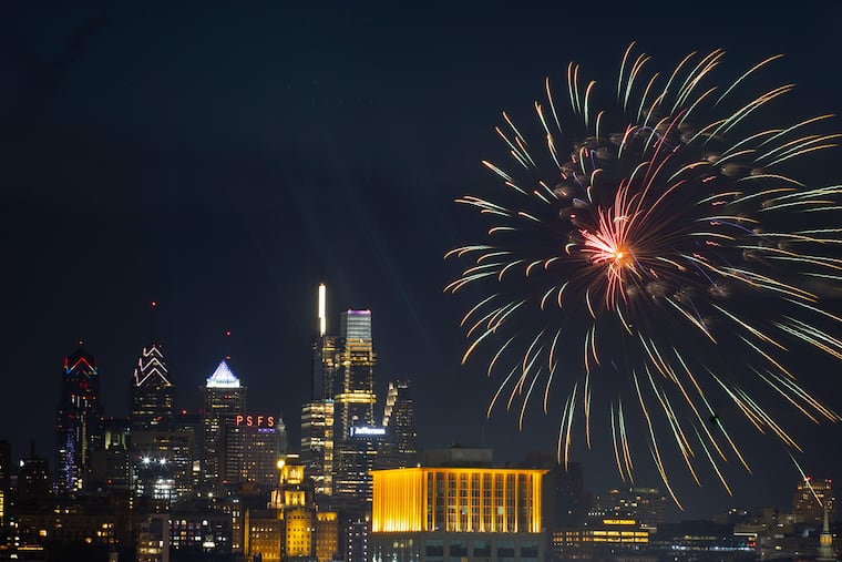 Fireworks over the Delaware River as seen from Camden Friday night.