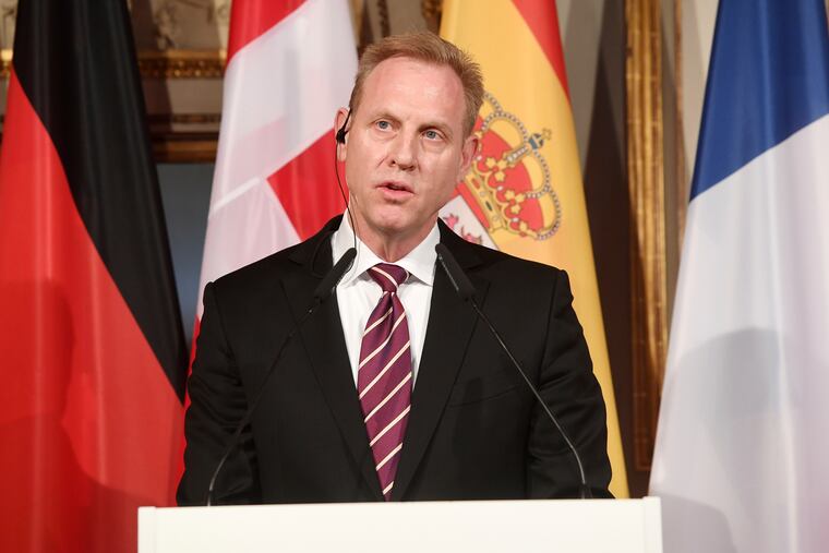 United States Secretary of Defense Patrick Shanahan talks to the media at a meeting of ministers of Defense during the International Security Conference in Munich, Germany, Friday, Feb. 15, 2019. (Tobias Hase/dpa via AP)