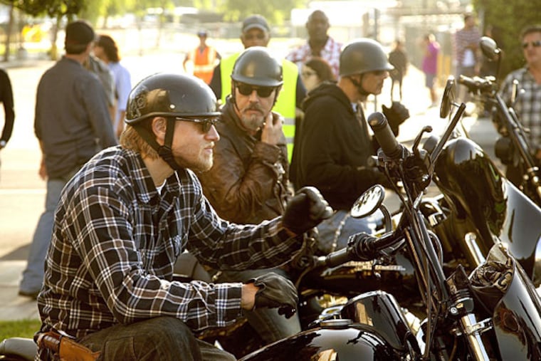 Sons of Anarchy stars Charlie Hunnam, Tommy Flanagan and Niko Nicotera arrive at the fictional Piedmont Grace Center for GOD during shooting Aug. 8, 2014 in Los Angeles. (Kirk McKoy/Los Angeles Times/MCT)