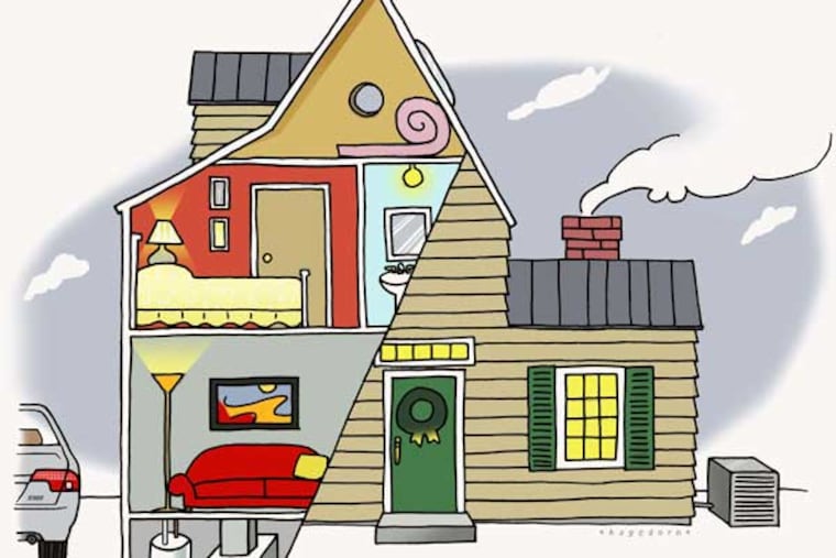 Hagedorn color illustration of winter home with cut-away view showing insulation in attic, electricity use and furnace. Akron Beacon Journal