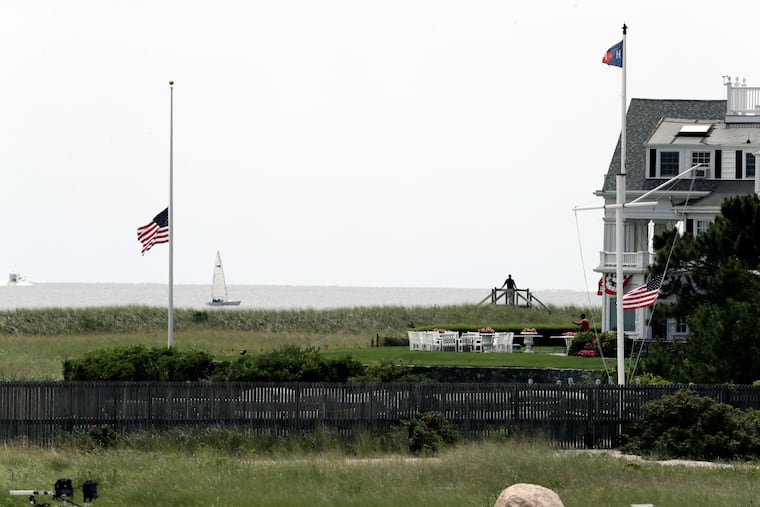 A flag flies at half-staff at the Kennedy compound on Friday, Aug. 2, 2019, in Hyannis Port, Mass. Saoirse Kennedy Hill, granddaughter of Ethel Kennedy and her late husband Robert F. Kennedy, died at the compound Thursday. She was 22. (AP Photo/Charles Krupa)