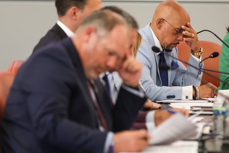 Pa. State Sen. Vincent Hughes next to his colleagues before the start of a Basic Education Funding Commission hearing at Philadelphia School District headquarters in September. The Basic Education Funding Commission is scheduled to meet at 1 p.m. in Harrisburg to issue recommendations for a path forward.