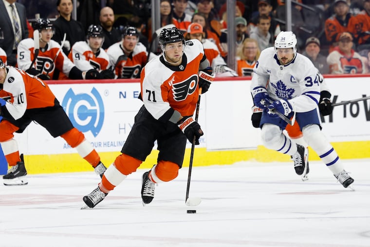 Flyers right wing Tyson Foerster will miss Sunday's game against the Calgary Flames with a foot injury.
