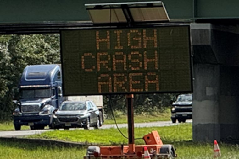 A new portable sign on Route 55 informs drivers that they're in a "high crash area" in South Jersey.