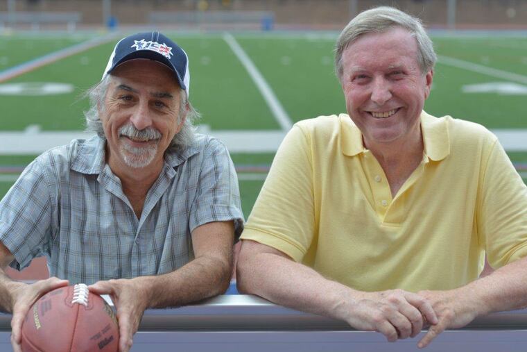 Joe Canuso (left), artistic director of Theatre Exile, directs "Tommy and Me," the first dramatic effort of longtime Philly sports writer and talk-show host Ray Didinger (right).