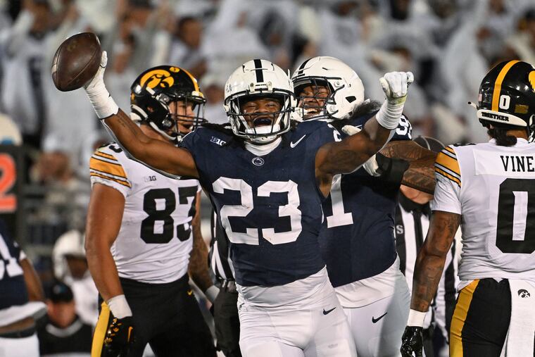 Penn State linebacker Curtis Jacobs (23) celebrates after recovering a fumble in the first half. Jacobs had two fumble recoveries on Saturday.