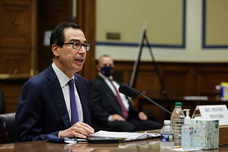 Treasury Secretary Steven Mnuchin testifies before the House Select Subcommittee on the Coronavirus Crisis, during a hybrid hearing on Capitol Hill in September. The federal budget deficit hit an all-time high of $3.1 trillion in the 2020 budget year, more than double the previous record, as the coronavirus pandemic shrank revenues and sent spending soaring. The Trump administration reported Friday, Oct. 16, that the deficit for the budget year that ended on Sept. 30 was three times the size of last year's deficit of $984 billion.