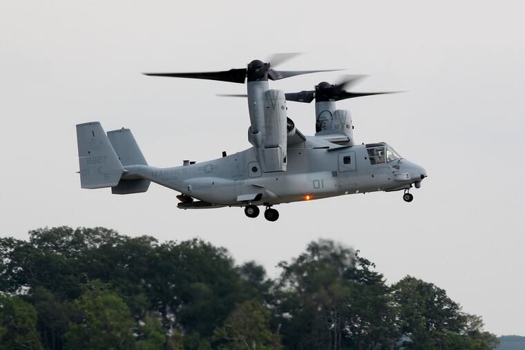 A MV-22B Osprey tiltrotor aircraft flies in Quantico, Va., in 2012.