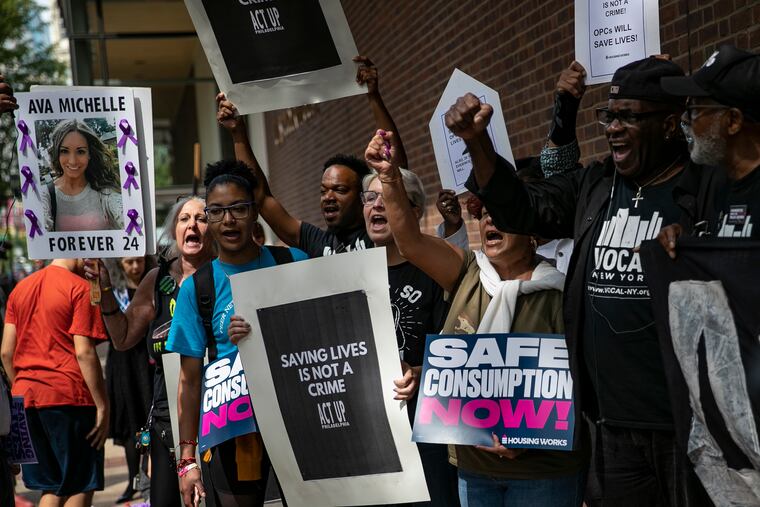 People protest outside of the Federal Courthouse in Center City, Philadelphia on Sept. 5, 2019. Protesters gathered outside of the courthouse while the backers of Safehouse, the nonprofit aiming to open a first-of-its-kind supervised injection site in Philadelphia, were inside for a hearing.