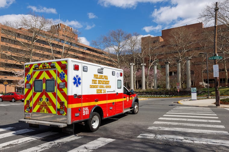 An ambulance arrives at Jefferson Einstein Philadelphia Hospital in 2024. Nurses at the Logan hospital this week ratified a new contract that includes raises and promises to add additional staff.
