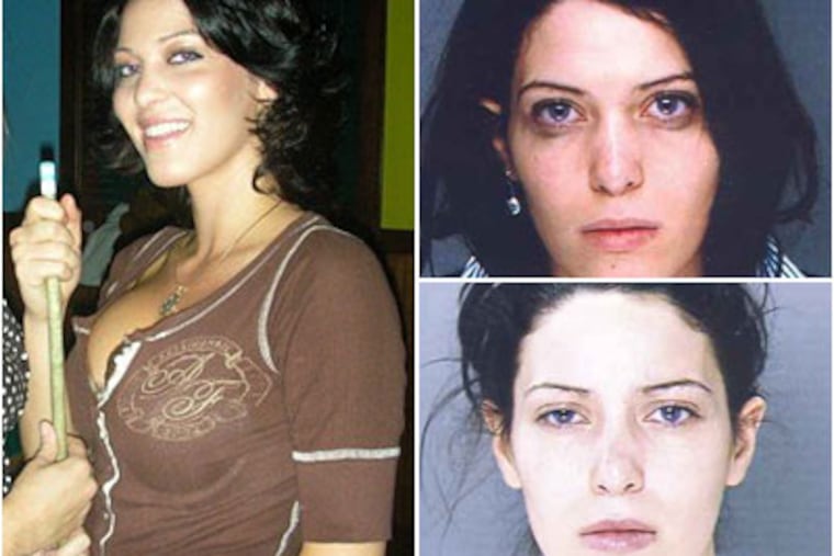 Snapshot of Jocelyn Kirsch as a Drexel student, left. Police mug shots, right. Kirsch is scheduled for sentencing today on identity theft, conspiracy, fraud, and money laundering charges.