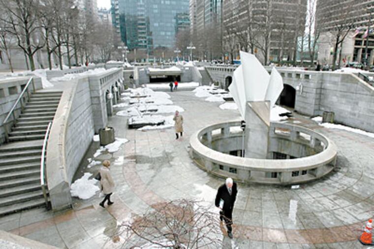 The trio of plazas near City Hall, including the Dilworth Plaza pictured here, are on their way to being torn apart and remade, with the aim of making them more user-friendly and urban. (Charles Fox / Staff Photographer)
