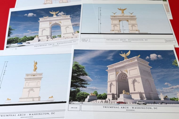Artist renderings and diagrams for President Donald Trump's new triumphal arch released by the U.S. Commission of Fine Arts. The arch is planned to be built in Washington between the Lincoln Memorial and Arlington National Cemetery.