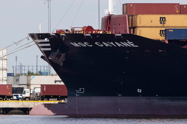 File--This file photo from June 24, 2019 shows the MSC Gayane moored at the Packer Marine Terminal in Philadelphia. Customs authorities announced on Monday, July 8, 2019, they have seized the cargo ship where agents discovered nearly 40,000 pounds, or almost 18,000 kilograms, of cocaine when the vessel was inspected in Philadelphia last month.