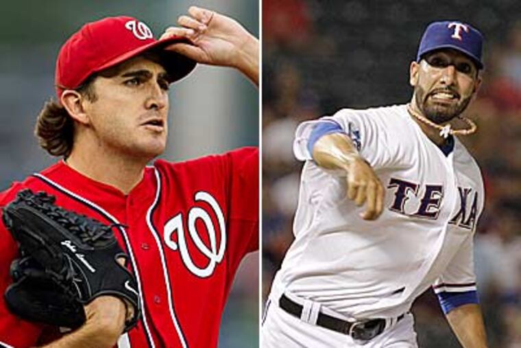 The Phillies signed Mike Adams (right) from the Texas Rangers while John Lannan comes from the Washington Nationals. (AP Photos)