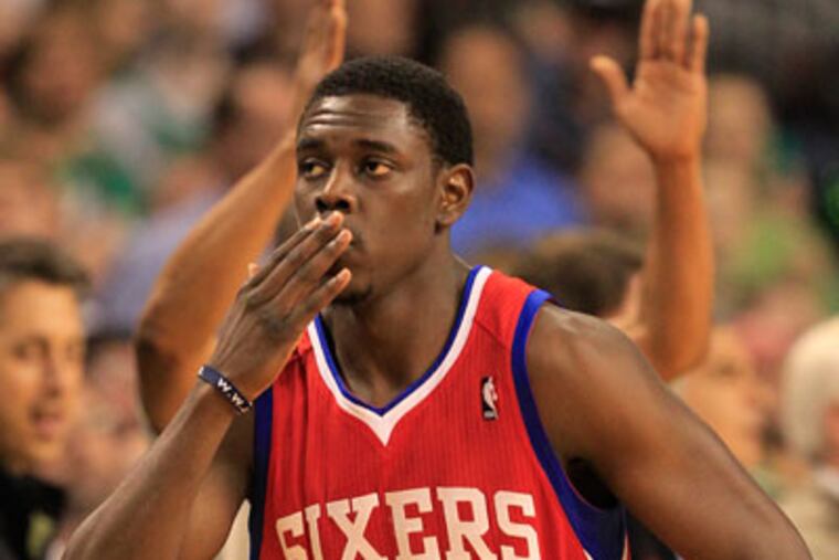 Sixers Jrue Holliday throws the celtics fans a kiss after a three in fourth quarter. Philadelphia Sixers vs Boston Celtics in the two game of the second round of NBA Eastern Division playoffs on Monday, May 14, 2012 at TD Garden. ( RON CORTES / Staff Photographer ).