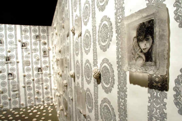 A detail of Jen Blazina's installation, "An Homage," above, pays tribute to the dead women's relationships with their mothers and home. Artist Celia Alvarez Muñoz uses cutoff jeans emblazoned with sequins, left, and other empty articles of clothing in "Fibra Furia (Fiber Fury)" to "suggest passages and stages of a woman's life - a woman who is absent," according to Orlando Pelliccia, director of the new Leonard Pearlstein Gallery at Drexel.