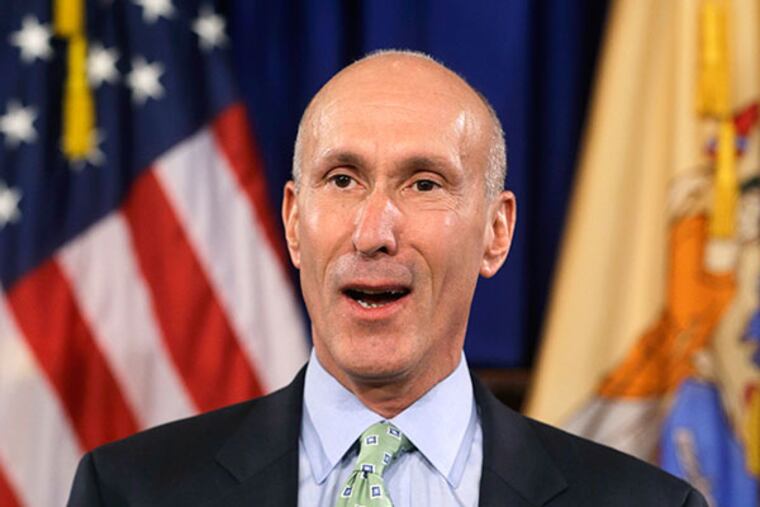 Republican nominee for the New Jersey Supreme Court, Judge Lee Solomon, addresses a gathering after New Jersey Gov. Chris Christie announced that he has nominated Stuart Rabner, chief justice of the New Jersey Supreme Court, for tenure Wednesday, May 21, 2014, in Trenton, N.J. Christie announced Rabner's re-nomination after brokering a deal with New Jersey Senate President Stephen Sweeney. Christie will have Sweeney's support for Republican Judge Lee Solomon's high court nomination in return. (AP Photo/Mel Evans)