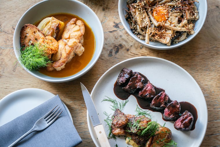 (Clockwise starting top left) Monkfish on the bone, Spaccatelli, and Hanger Steak at High Street, at 101 S. 9th St., in 2023.