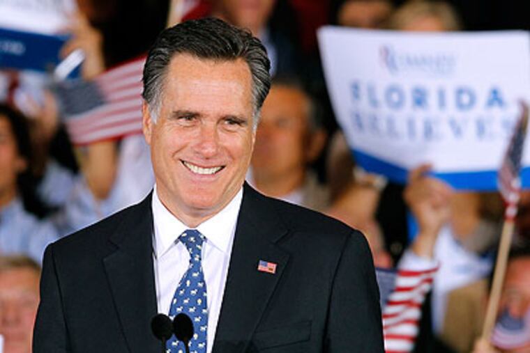 Republican presidential candidate, former Massachusetts Gov. Mitt Romney beams during his victory celebration after winning the Florida primary election Tuesday Jan. 31, 2012, in Tampa, Fla. (AP Photo / Gerald Herbert)
