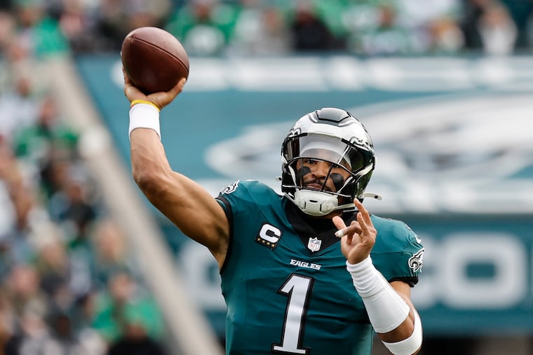 Eagles quarterback Jalen Hurts threw for a season-low 108 yards and two touchdowns on 14 completions against the Panthers. But he had eight carries for 59 yards and a Tush Push touchdown. Two of his scrambles combined for 50 yards.