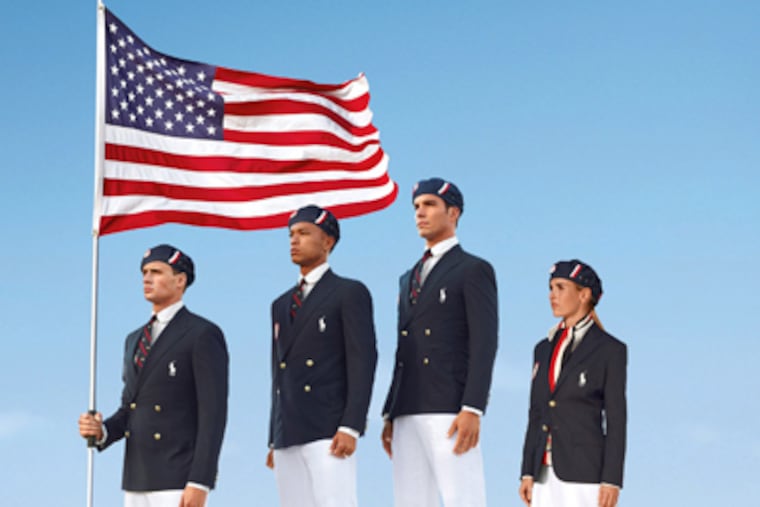 This image released by Ralph Lauren shows U.S. Olympic athletes, from left, swimmer Ryan Lochte, decathlete Bryan Clay, rower Giuseppe Lanzone and soccer player Heather Mitts modeling official Team USA Opening Ceremony Parade Uniform. (AP Photo/Ralph Lauren, File)
