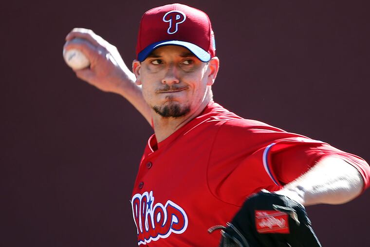 The Phillies' Charlie Morton throws a bullpen session at spring training in Clearwater, Fla on Feb. 18, 2016. DAVID MAIALETTI / Staff Photographer