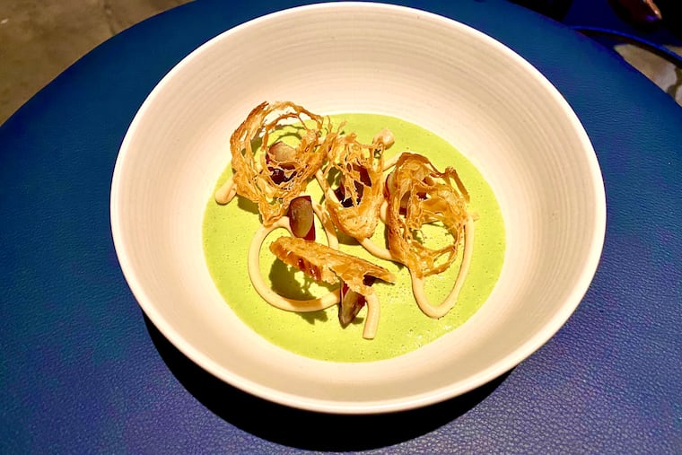 Sorrel panna cotta at foundation., beneath the Divine Lorraine Hotel.