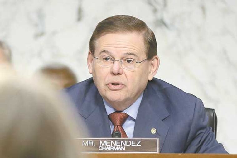 Sen. Robert Menendez, D-N.J., speaks on Capitol Hill in Washington, Wednesday, Jan. 23, 2013, during the committee's hearing on the deadly September attack on the U.S. diplomatic mission in Benghazi, Libya, that killed Ambassador Chris Stevens and three other Americans. (AP Photo/Pablo Martinez Monsivais)