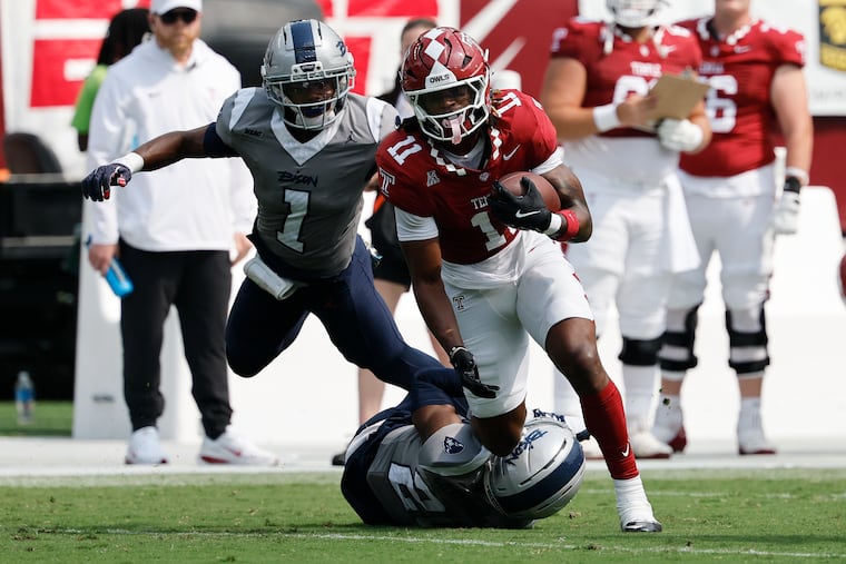 Temple wide receiver Kajiya Hollawayne runs with the football on Sept. 6.