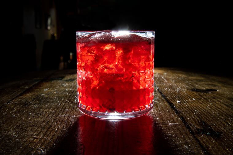 The Blackened Bourbon, Jim Beam Black, shaken with house blackberry syrup, fresh lemon juice and Angostura bitters at Booker’s in West Philadelphia on February 23, 2020.