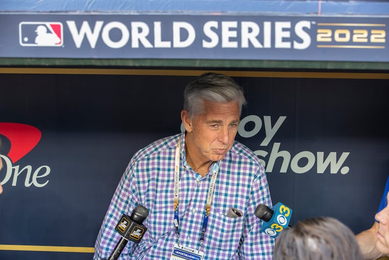 Phillies president of baseball operations David Dombrowski talks to the media in the dugout at Minute Maid Park on Thursday.